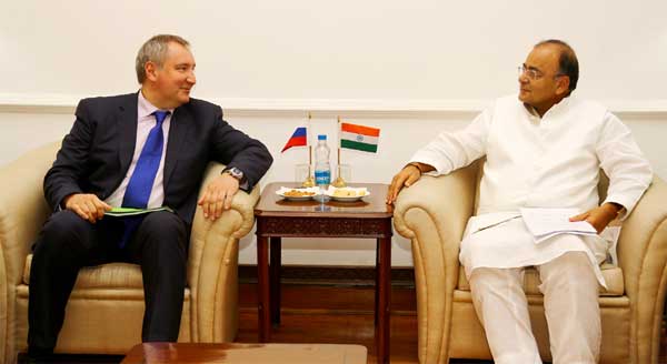 The Deputy Prime Minister of the Russian Federation, Mr. Dmitry Rogozin meeting the Union Minister for Finance, Corporate Affairs and Defence, Shri Arun Jaitley, in New Delhi on June 18, 2014.