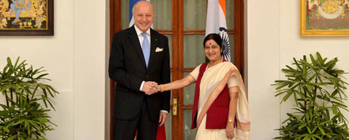 Foreign Minister Laurent Fabius of France meeting Indian Foreign Minister Sushma Swaraj