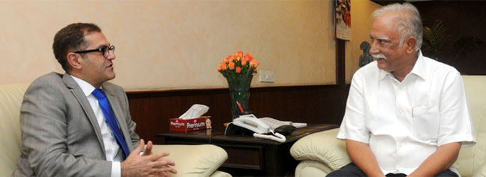 Ambassador of the Republic of Turkey in India, Dr Burak Akcapar calling on the Union Minister for Civil Aviation, Ashok Gajapathi Raju Pusapati