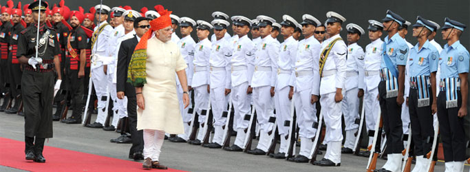 Prime Minister, Shri Narendra Modi inspecting the Guard of Honour at Red Fort, on the occasion of 68th Independence Day