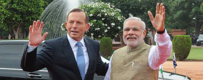 The Prime Minister, Narendra Modi with the Prime Minister of Australia, Tony Abbott, at the Ceremonial Reception, at Rashtrapati Bhavan, in New Delhi on September 05, 2014. 