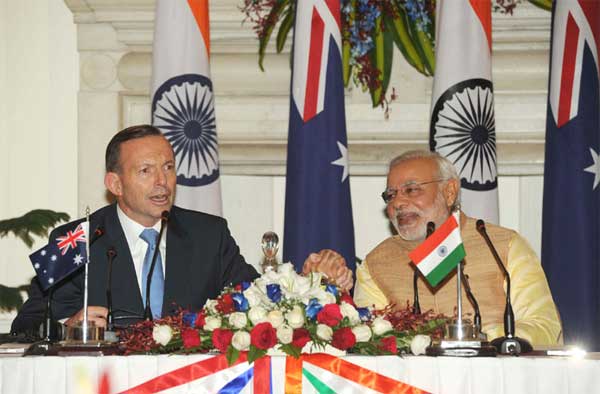 Prime Minister, Narendra Modi and the Prime Minister of Australia, Tony Abbott, at the Joint Press Statements, in New Delhi on September 05, 2014.