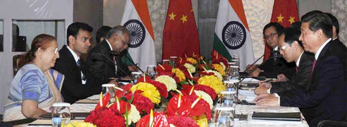 The Speaker, Lok Sabha, Sumitra Mahajan meeting the Chinese President, Xi Jinping, in New Delhi.