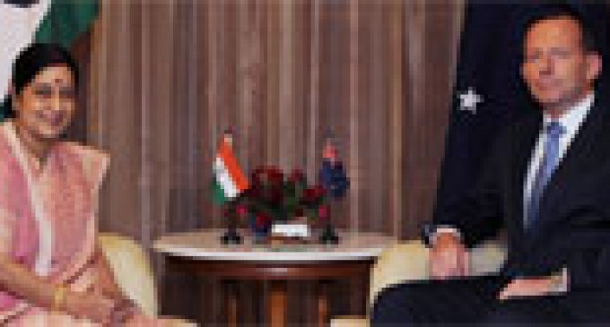 External Affairs and Overseas Indian Affairs, Smt. Sushma Swaraj meeting the Prime Minister of Australia, Mr. Tony Abbott