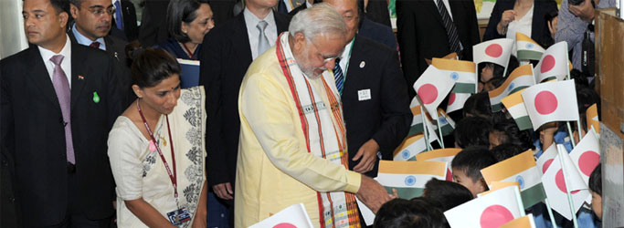 Prime Minister, Shri Narendra Modi interacting with children during his visit to Taimei Elementary School, in Tokyo, Japan