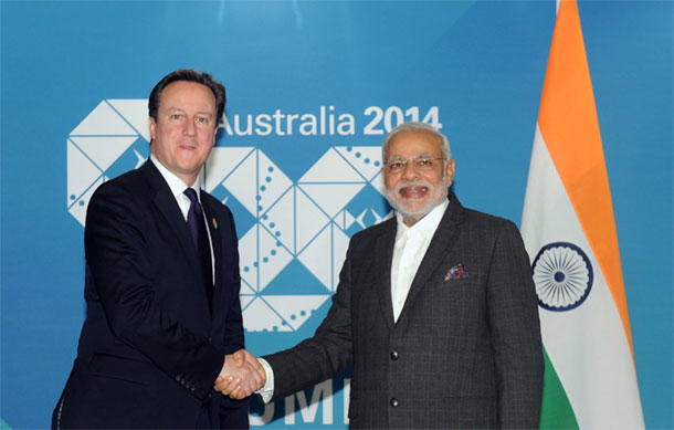 Prime Minister Narendra Modi meeting the Prime Minister of United Kingdom, David Cameron, in Brisbane