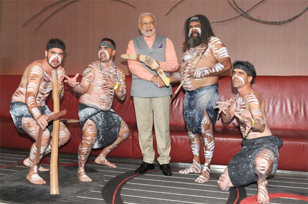 Prime Minister Narendra Modi being welcomed by the Australian tribal dancers at Sydney