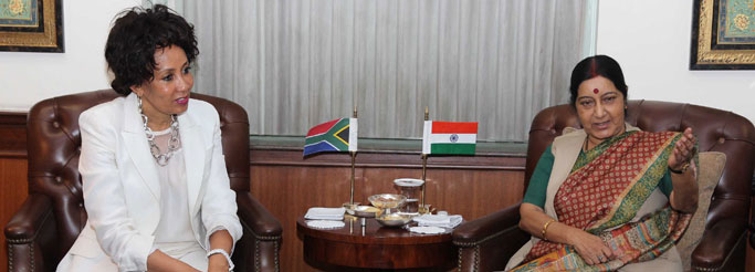 External Affairs Minister Sushma Swaraj meeting with Lindiwe Nonceba Sisulu, Minister of Human Settlements of South Africa in New Delh