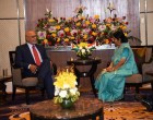 The Minister for External Affairs and Overseas Indian Affairs, Sushma Swaraj calls on President Donald Rabindranauth Ramotar of the Cooperative Republic of Guyana in Gandhi Nagar, Gujarat on the sidelines of 13th Pravasi Bharatiya Divas