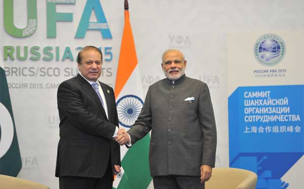 The Prime Minister, Narendra Modi meeting the Prime Minister of Pakistan, Nawaz Sharif, on the sidelines of the SCO Summit, in Ufa, Russia.