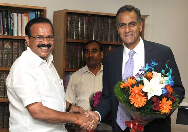 The Ambassador of the United States of America, Richard Rahul Verma calls on the Union Minister for Law & Justice, D.V. Sadananda Gowda, in New Delhi.