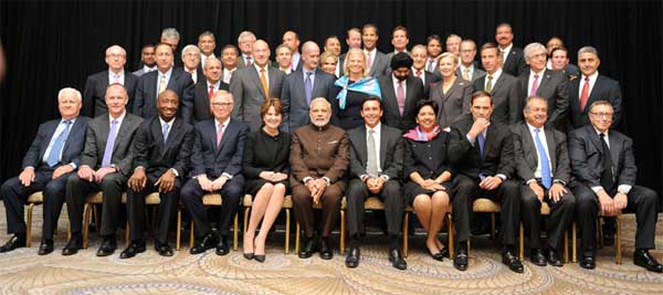 The Prime Minister, Narendra Modi in a group photograph with the leading Fortune 500 CEOs, at a special event, in New York.