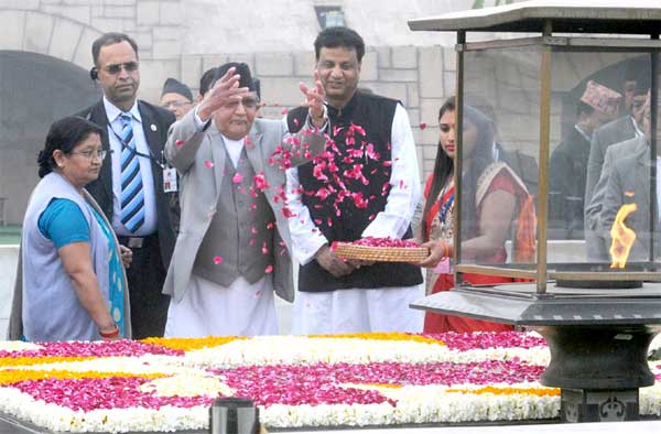 Prime Minister of Nepal, K.P. Sharma Oli paying floral tributes at the Samadhi of Mahatma Gandhi, at Rajghat, in Delhi on February 20, 2016.