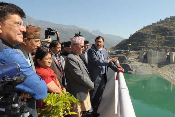The Prime Minister of Nepal, K.P. Sharma Oli visiting the Tehri Hydro Power Complex, at Tehri, Uttarakhand on February 21, 2016. The Minister of State (Independent Charge) for Power, Coal and New and Renewable Energy, Piyush Goyal is also seen. 