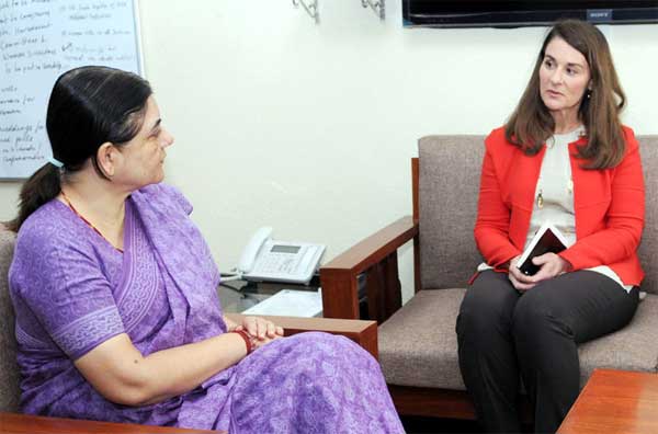The Co-Founder of Bill & Melinda Gates Foundation, Melinda Gates meeting the Union Minister for Women and Child Development, Maneka Sanjay Gandhi, in New Delhi.