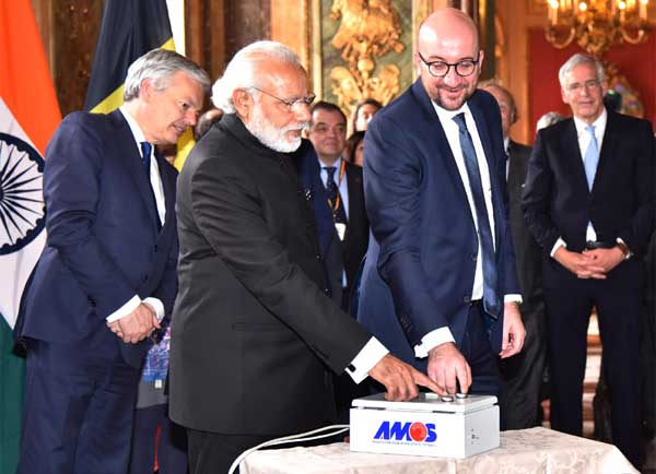 The Prime Minister, Narendra Modi and the Prime Minister of Belgium, Charles Michel, during the Remote Technical Activation of India-Belgium Aryabhatta Research Institute of Observational Sciences (ARIES) Telescope, in Brussels, Belgium.
