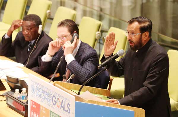 The Minister of State for Environment, Forest and Climate Change (Independent Charge), Prakash Javadekar addressing the High-level Thematic Debate on achieving the Sustainable Development Goals, in New York.