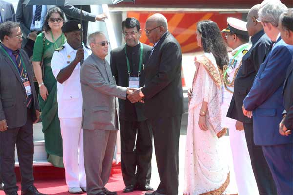 The President, Pranab Mukherjee being received by the Deputy Prime Minister of Papua New Guinea, Leo Dion, on his arrival at Jackson's International Airport, at Port Moresby, in Papua New Guinea on April 28, 2016. 