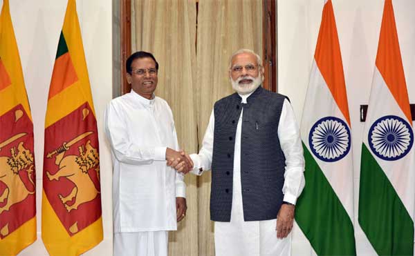 The President of the Democratic Socialist Republic of Sri Lanka, Maithripala Sirisena meeting the Prime Minister, Narendra Modi, at Hyderabad House, in New Delhi.