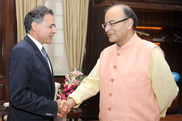 The High Commissioner of Cyprus to India, Demetrios A. Theophylactou calling on the Union Minister for Finance, Corporate Affairs and Information & Broadcasting, Arun Jaitley, in New Delhi.