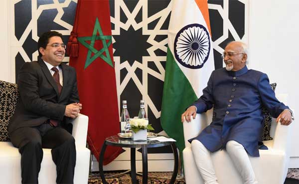 The Minister of State for Foreign Affairs, Morocco, Nasser Bourita calling on the Vice President, M. Hamid Ansari, in Rabat, Morocco.