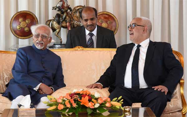 The Vice President, M. Hamid Ansari with the Prime Minister of Morocco, Abdelilah Benkirane on his arrival, at Sale International Airport, in Rabat, Morocco.