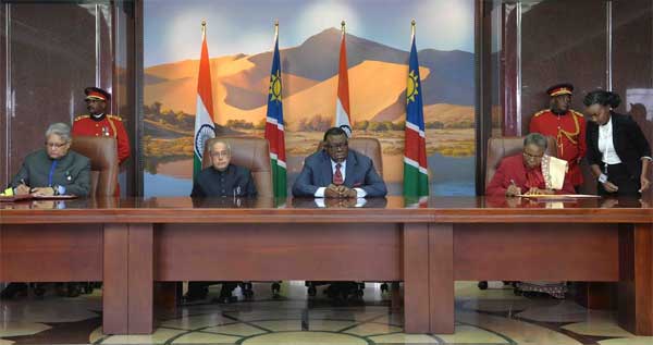 President of India, Pranab Mukherjee, along with Dr Hage G Geingob, President of the Republic of Namibia participating the signing of agreements at State House in Republic of Namibia (Windhoek).