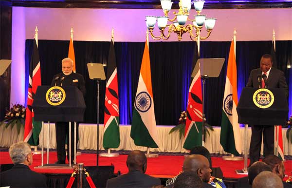 Prime Minister, Narendra Modi delivering his press statements with the President of Kenya, Uhuru Kenyatta, in Nairobi, Kenya