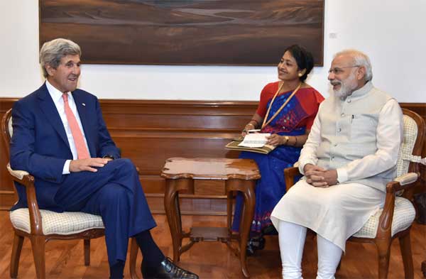 The Secretary of State of the United States of America, John Kerry calls on the Prime Minister, Narendra Modi, in New Delhi.