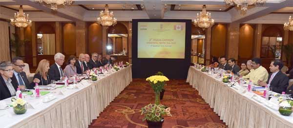 The Minister of State for Petroleum and Natural Gas (Independent Charge), Dharmendra Pradhan and the Canadian Minister of Natural Resources, James Gordon Carr at the delegation level talks, during the 3rd India-Canada Ministerial Energy Dialogue, in New Delhi.