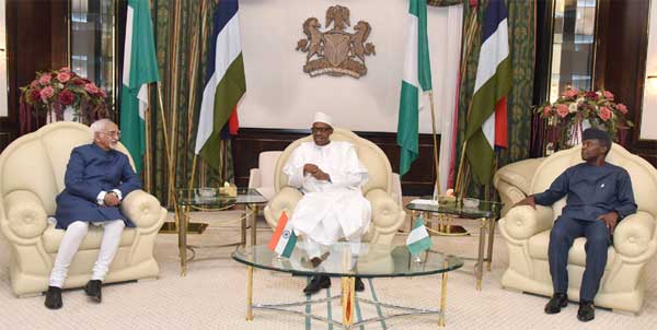 The Vice President, M. Hamid Ansari calling on the President of Nigeria, Muhammadu Buhari at the State House, in Abuja, Nigeria on September 27, 2016. The Vice President of Nigeria, Yemi Osinbajo is also seen.