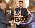 Ambassador Designate of Colombia, Clemencia Forero-Ucros presenting her credentials to the President, Ram Nath Kovind, at Rashtrapati Bhavan