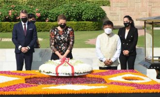 The Prime Minister of Kingdom of Denmark, Mette paying homage at the Samadhi of Mahatma Gandhi, at Rajghat,