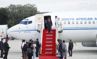 The President of South Africa, Cyril Ramaphosa receives warm welcome by the Minister of State for Railways, Coal and Mines, Raosaheb Patil Danve on his arrival for the G20 Summit