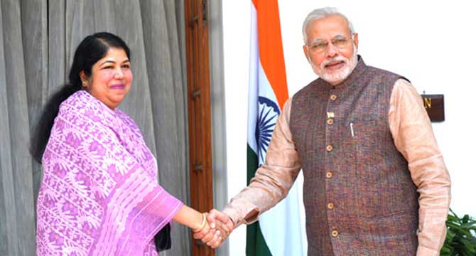 The Prime Minister, Shri Narendra Modi meeting the Speaker of Bangladesh, Dr. Shirin Sharmin Chaudhury, in New Delhi on May 27, 2014