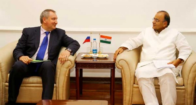 The Deputy Prime Minister of the Russian Federation, Dmitry Rogozin meeting the Union Minister for Finance, Corporate Affairs and Defence, Arun Jaitley, in New Delhi on June 18, 2014.