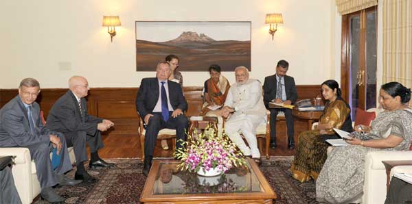 The Deputy Chairman of the Government of the Russian Federation, Mr. Dmitry O. Rogozin calling on the Prime Minister, Shri Narendra Modi, in New Delhi on June 19, 2014. The Union Minister for External Affairs and Overseas Indian Affairs, Smt. Sushma Swaraj is also seen.