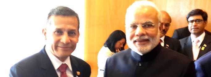 The Prime Minister, Narendra Modi meeting the President of the Republic of Peru, Ollanta Humala, on the sidelines of the Sixth BRICS Summit, at Brasilia, in Brazil on July 16, 2014.