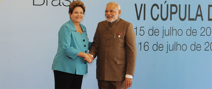 Prime Minister, Shri Narendra Modi being received by the President of Brazil, Ms. Dilma Rousseff, on his arrival at the Ceara Events Centre for the Sixth BRICS Summit, at Fortaleza, Brazil