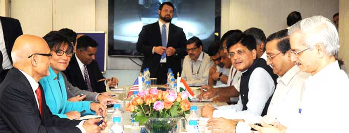 The Minister of State (Independent Charge) for Power, Coal and New and Renewable Energy, Piyush Goyal at a meeting with the US Secretary of Commerce, Penny Pritzker, in New Delhi.