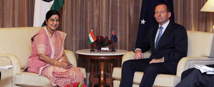 The Union Minister for External Affairs and Overseas Indian Affairs, Sushma Swaraj meeting the Prime Minister of Australia, Tony Abbott, in New Delhi on September 05, 2014. 