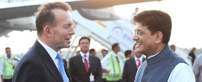 The Prime Minister of Australia, Tony Abbott being received by the Minister of State (Independent Charge) for Power, Coal and New and Renewable Energy, Piyush Goyal on his arrival, at Air Force Station, Palam, in New Delhi on September 04, 2014. 