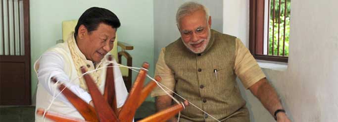 The Prime Minister, Narendra Modi and the Chinese President, Xi Jinping at the Sabarmati Ashram, in Ahmedabad, Gujarat.