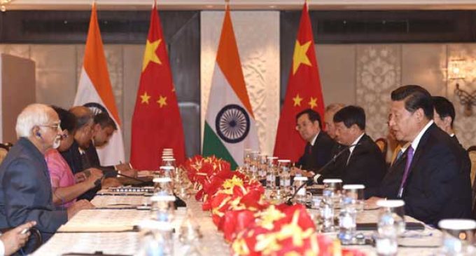 The Vice President, Mohd. Hamid Ansari meeting the Chinese President, Xi Jinping, in New Delhi