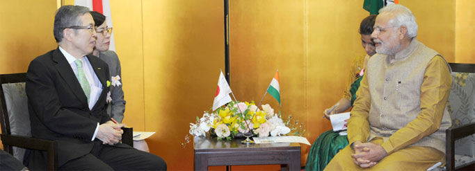 Prime Minister, Shri Narendra Modi meeting the CEO of Nidec Corporation, Mr. Shigenobu Nagamari, in Kyoto, Japan