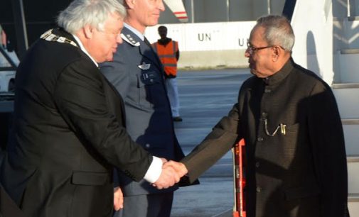 President of India, Pranab Mukherjee received by Herald Espolund, Mayor of Ullensake in Oslo, Norway
