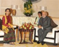 Prime Minister Narendra Modi meeting the Chairperson and General Secretary of the National League for Democracy, Myanmar, Daw Aung San Suu Kyi, in Nay Pyi Taw, Myanmar