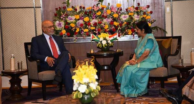The Minister for External Affairs and Overseas Indian Affairs, Sushma Swaraj calls on President Donald Rabindranauth Ramotar of the Cooperative Republic of Guyana in Gandhi Nagar, Gujarat on the sidelines of 13th Pravasi Bharatiya Divas