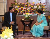 The Minister for External Affairs and Overseas Indian Affairs, Sushma Swaraj meets Vice Prime Minister Showkutally Soodhun of Mauritius in Gandhi Nagar, Gujarat on the sidelines of 13th Pravasi Bharatiya Divas.