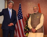 The Prime Minister, Narendra Modi meeting the US Secretary of State, John Kerry, in Gandhinagar, Gujarat.